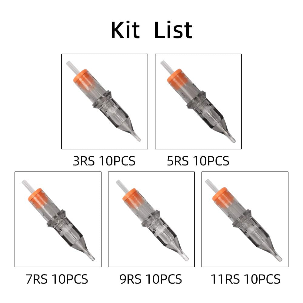 50pcs Mixed RS Tattoo Cartridge Needles, ATOMUS 10pcs of Each 3RS 5RS 7RS 9RS 11RS Round Shader Tattoo Needle