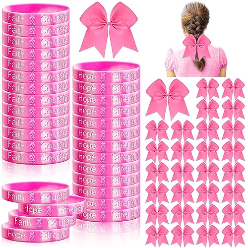 Breast Cancer Awareness Bracelets & Cheer Bows Set for Charities & Events