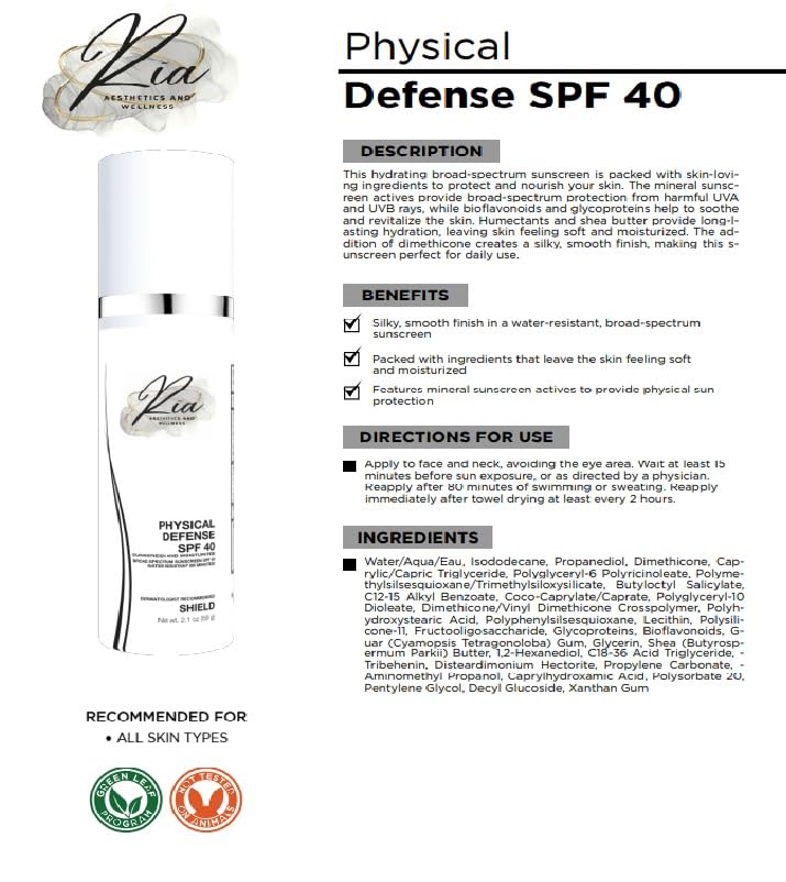 Ria Physical Daily Defense SPF 40 Face Sunscreen & Moisturizer, Lightweight & Non-Greasy