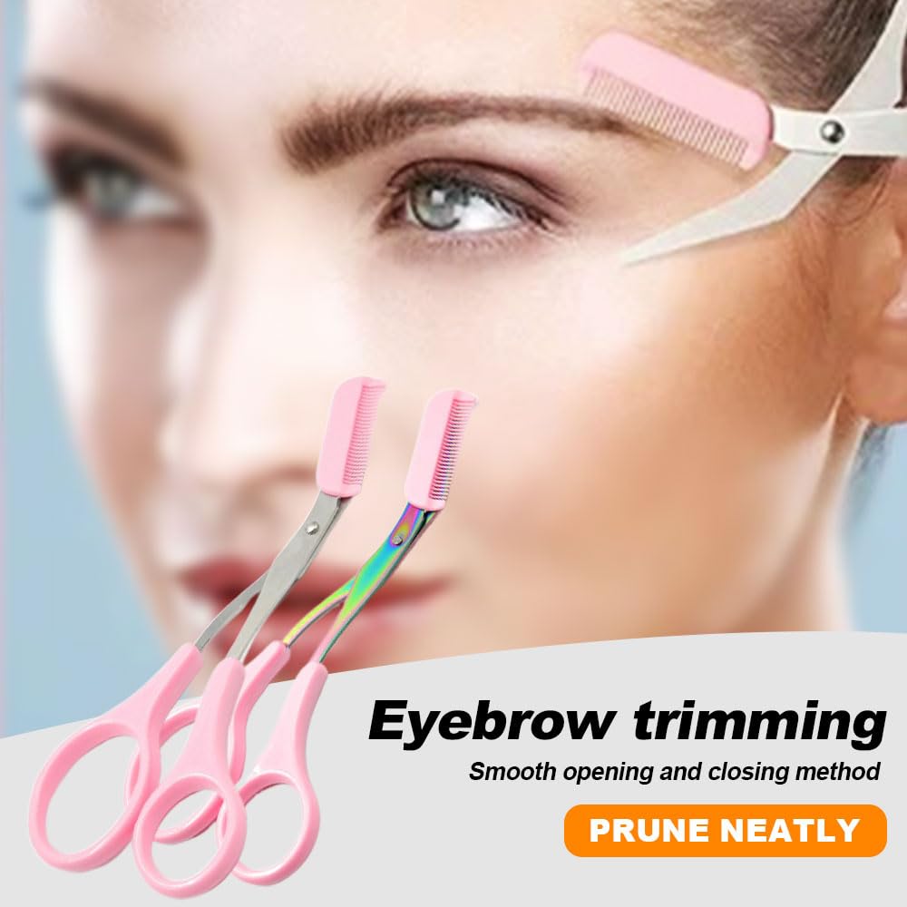 Eyebrow Trimmer Scissor, New 2 in 1 Eyebrow Scissors with Comb, Non-Slip Stainless Steel Eyebrow Trimming Scissors, Eyebrow Cutter Hair Removal Eyebrow Scissor Makeup Tool for Men Women (Pink)