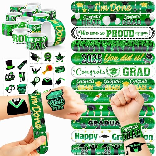 48 PCS 2025 Graduation 24PCS Temporary Tattoos Stickers 24PCS Slap Bracelets Wristbands Perfect for Themed Class Party Supplies Grad & So Proud of You High School College (Green)