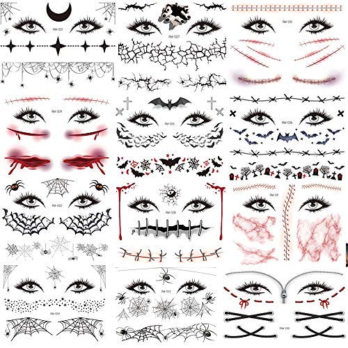 Halloween Temporary Tattoos Day of the Dead Face Tattoos Spider Eye Web Tattoos Sticker 12 Sheets Day of the Dead Makeup Decals for Halloween Party Decorations