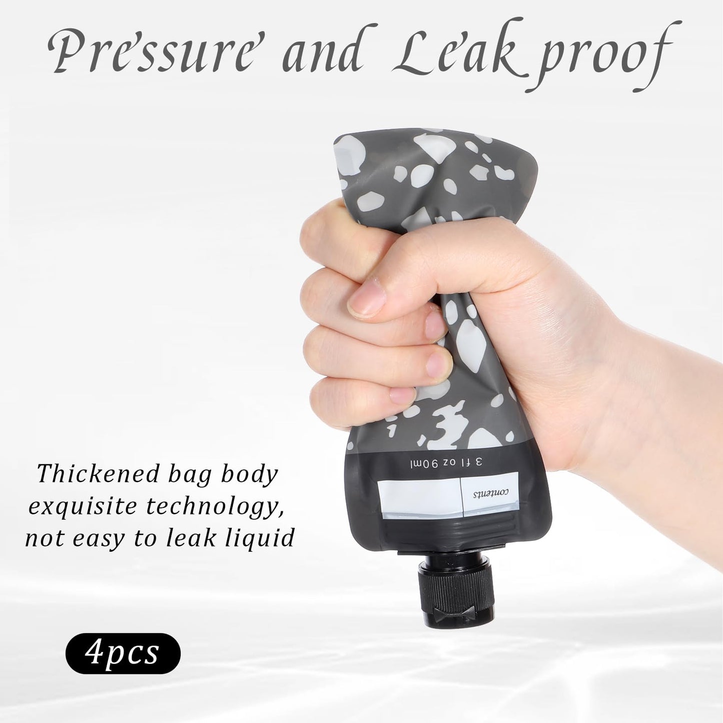 4 PCS Travel Pouches for Toiletries, 3oz Leak Proof Empty Squeeze Pouches, Refillable Travel Containers, Portable Travel Fluid Makeup Packing Pouches for Shampoo Conditioner Lotion Body Wash, Style 4