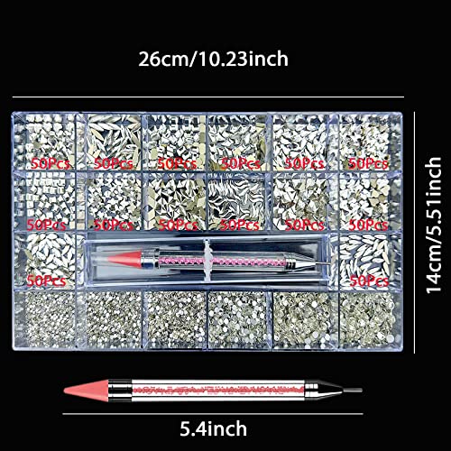 HUETFAT 14 Shaped Clear Nail Rhinestones for Art +6 Size Round Flatback Nails-Silver Charms with Wax Pen