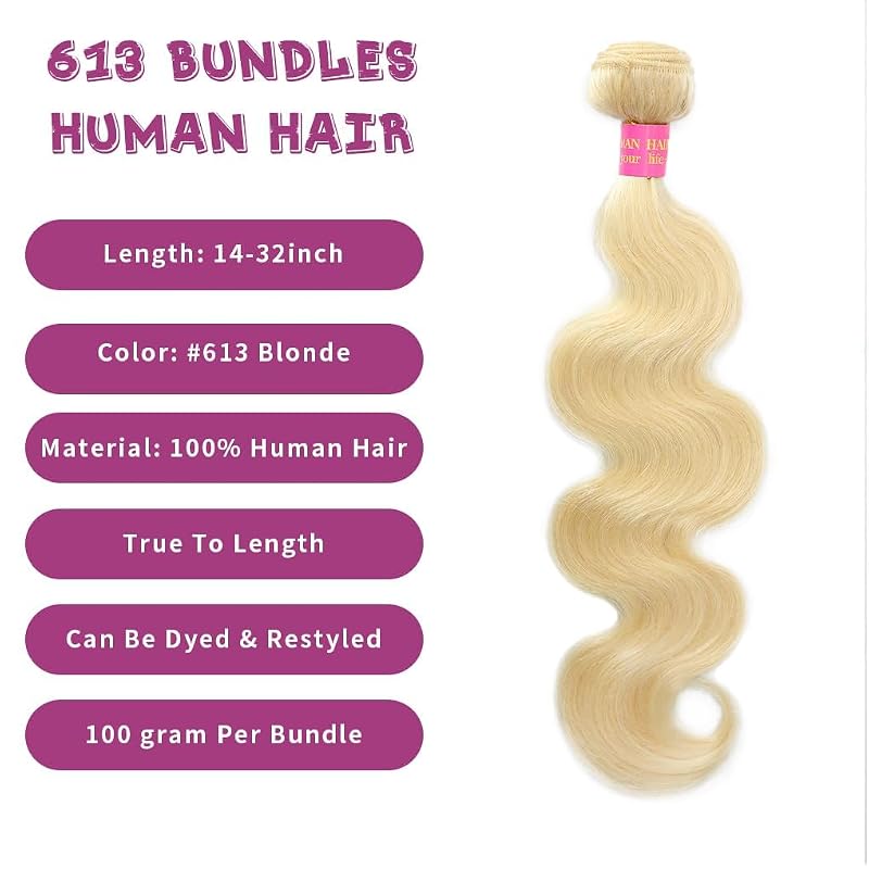 613 Blonde Body Wave Human Hair Bundles 16 Inch 100% Unprocessed Brazilian Virgin 14A Grade – 1 Bundle