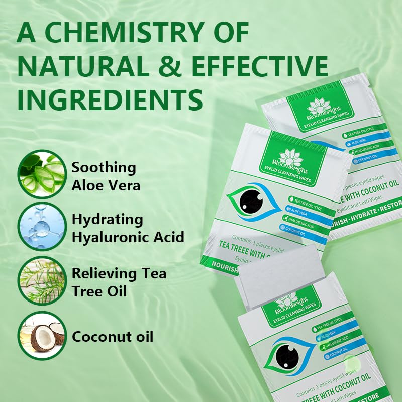 60 Pcs Tea Tree Oil Eyelid Cleansing Lash Wipes with Coconut Hyaluronic Acid Green Tea Chamomile Aloe Vera Itchy Stye Eyes Relief Natural Individually Wrapped Makeup Remover Daily Cleanser