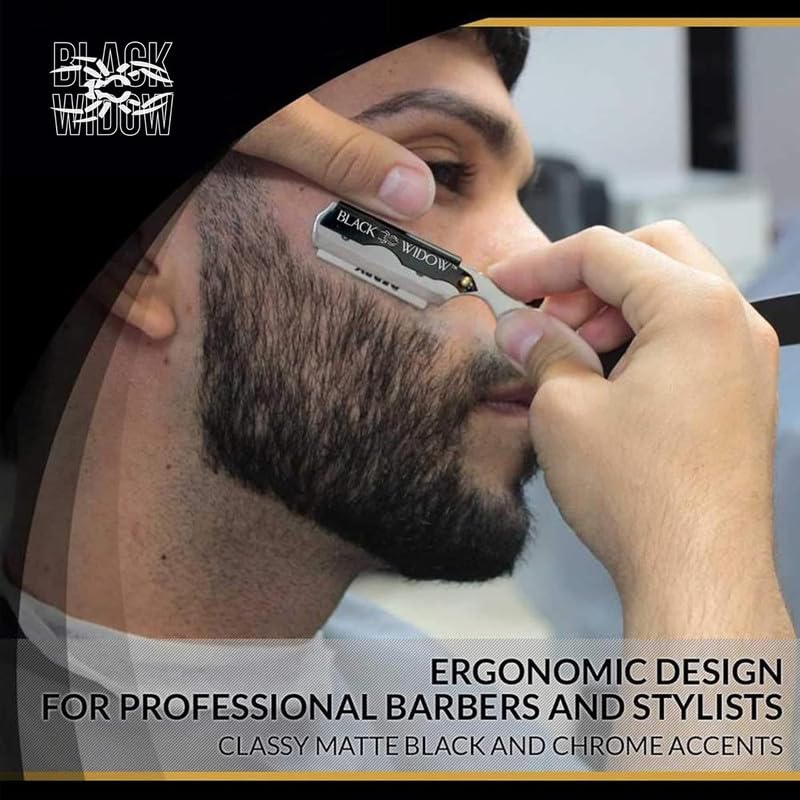 Black Widow Professional Barber Straight Edge Razor – Stainless Steel Shavette, 1.5 mm Blade Exposure, Matte Black & chrome, 10 Double Edge Blades (20 Single-Edge) for Lineups & Beard Shaping