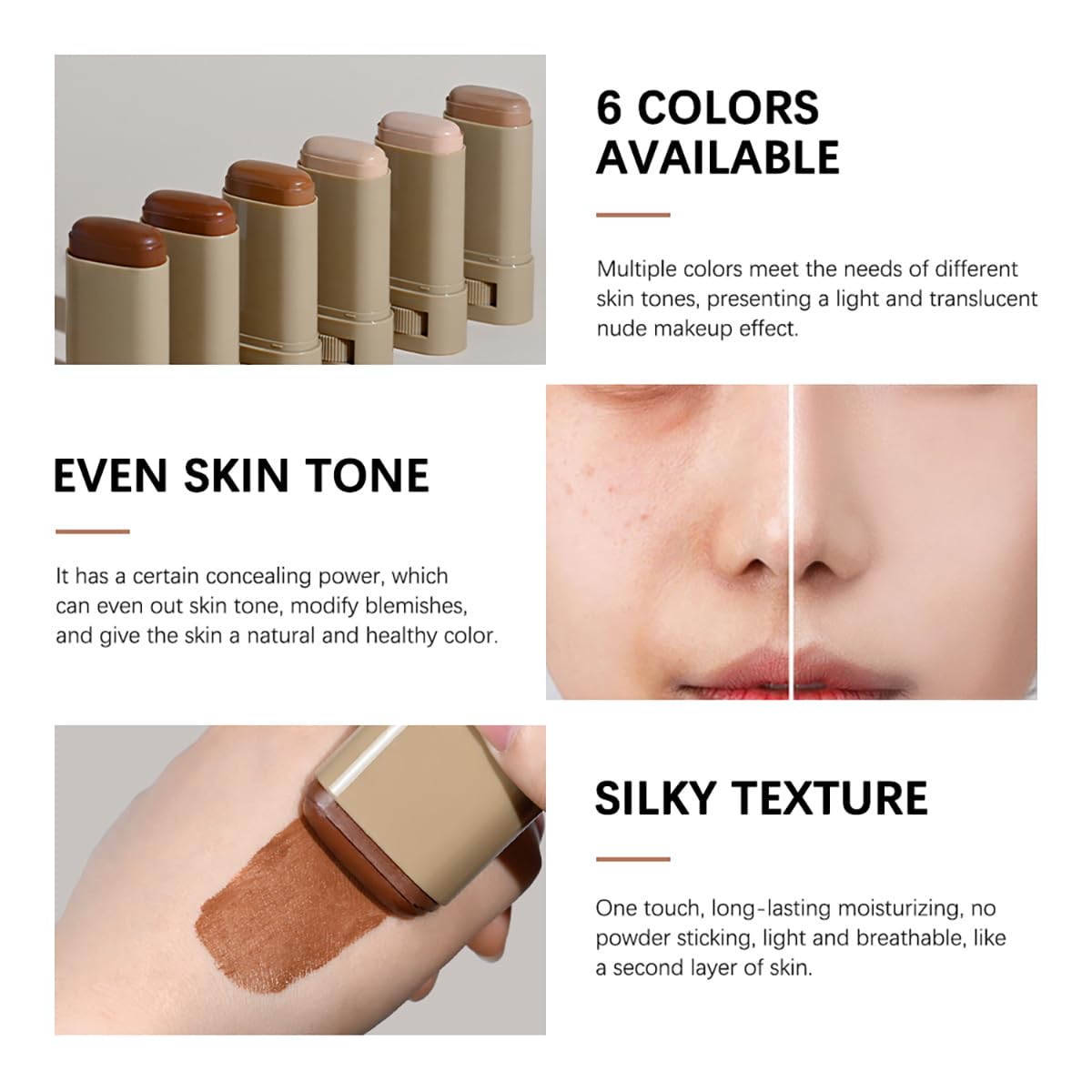6 Colors Foundation Stick Beauty Balm Serum Boosted Skin Tinted Balm Concealer, Long-lasting Coverage, Even Skin Tone Portable Moisturizing Essence Stick (# 03, 0.64 Oz)