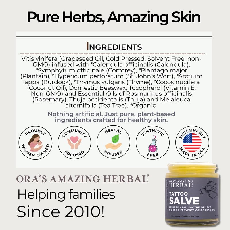 Natural Tattoo Salve 4 oz Pack of 1 - Moisturizing & Itch Soothing Balm, Petroleum-Free, Support Old & New Ink, USA Made