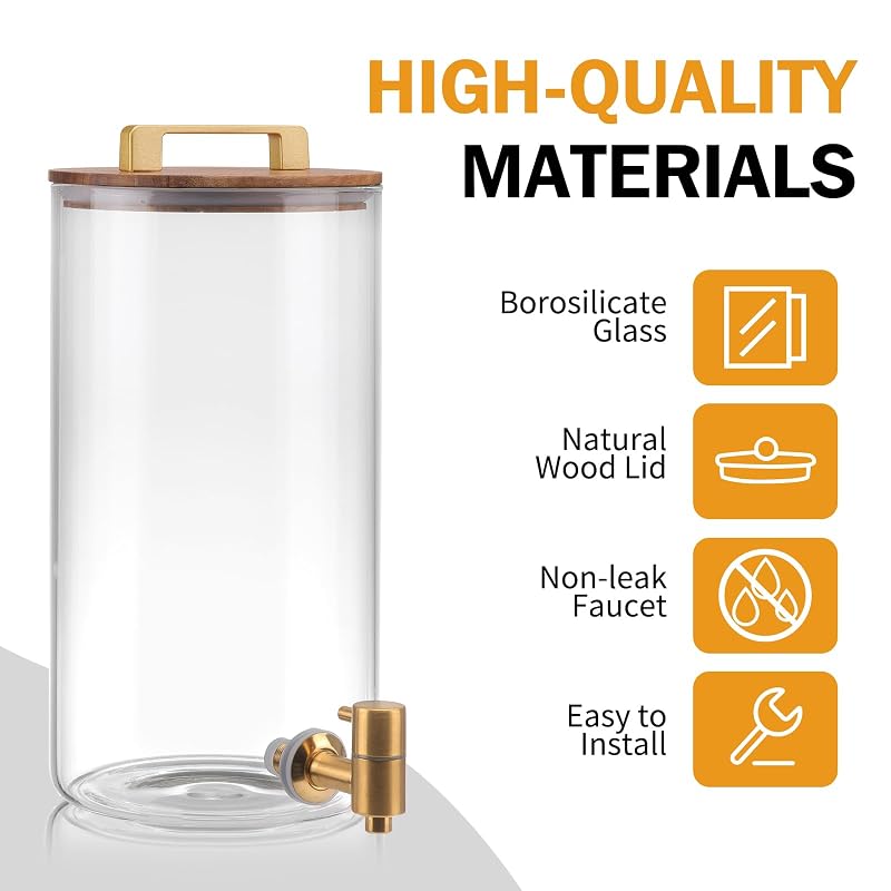 2 Pack 1.5 Gallon Glass Beverage Dispenser with Wood Stand & Stainless Spigot