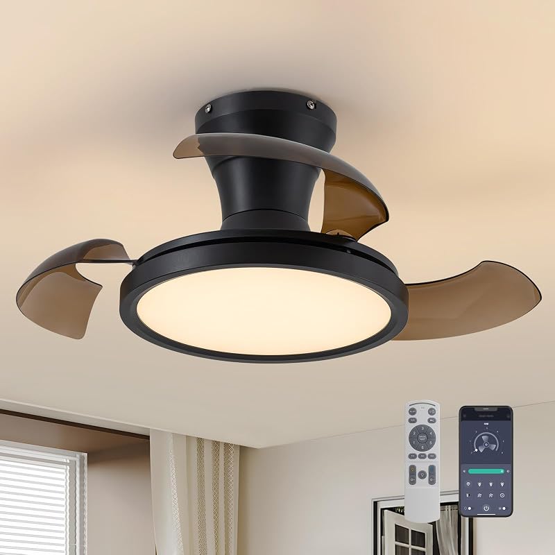 28 In Retractable Ceiling Fan with Light, Dimmable 6-Speed, Remote Control, Black & Brown Blades