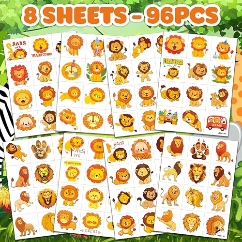 96 PCS Funny Lion Pre-Cut Temporary Tattoos for Kids | Super Cute Themed Birthday Party Favors, Supplies, Decorations, Jungle Animal Fake Tattoo Stickers, School Rewards Prizes & Gifts for Boys Girls
