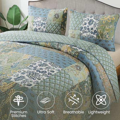 Reversible Cotton Quilt Set with Embroidered Patchwork - Green Farmhouse Garden, Queen Size, 3 Pieces Variation of THIS listing