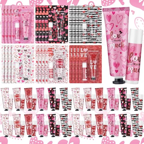 Valentine's Day Hand Cream & Lip Balm Set - 24 Pack with Gift Cards - Travel Size