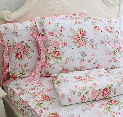 FADFAY Cotton Queen Bed Sheets Set with Rose Floral Print, 4-Piece, Bulgaria Rose Variation