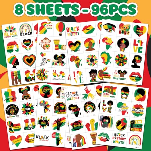 96 PCS Happy Black History Month Pre-Cut Temporary Tattoos for Kids | Super Cute Themed Birthday Party Favors, Supplies, Decorations, African Tattoo Stickers, School Prizes Gifts For Boys Girls