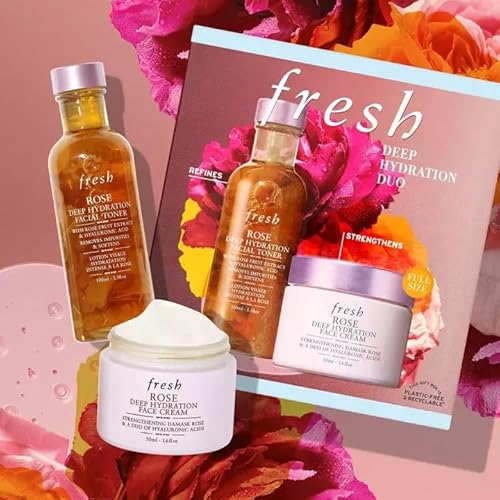 Deep Hydration Duo by Fresh for Women - 2 Pc 3.3oz Rose Deep Hydration Facial Toner, 1.6oz Rose Deep Hydration Face Cream