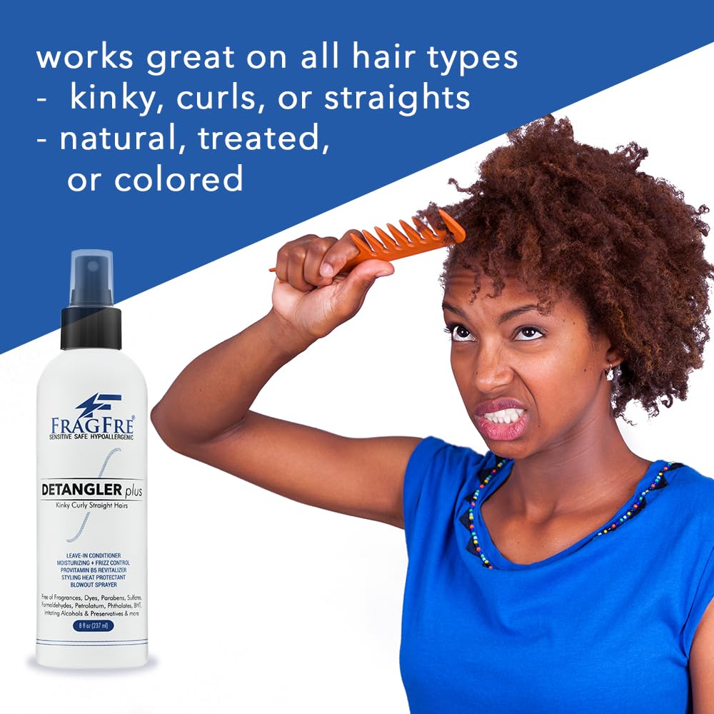 FRAGFRE Detangler plus Styling Hair Spray 8 oz - Heat Protectant and Blowout Spray - Leave in Conditioner for Sensitive Skin - Fragrance Free Hypoallergenic Unscented - Anti Frizz Vegan Cruelty Free
