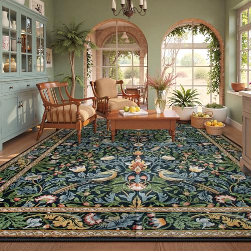 Beeiva Vintage Botanical Bird 8x10 Washable Rug Dark Green & Blue Non-Slip Large Carpet for Living Room & Bedroom