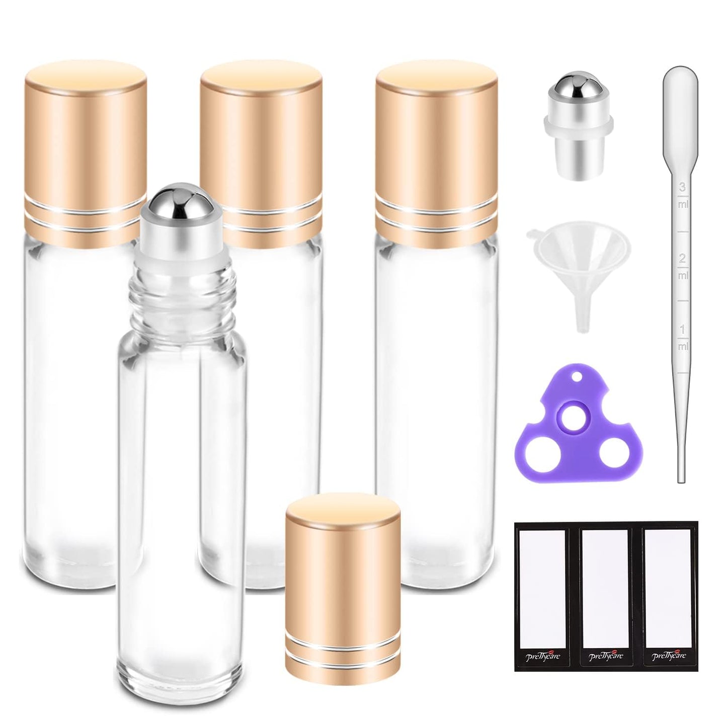 PrettyCare 4 Pack, 10 ml Essential Oil Roller Bottles with Stainless Steel Roller Ball - Refillable Leak-proof Empty Thick Clear Glass Roll on Bottles with Metal Caps for Travel, Perfume