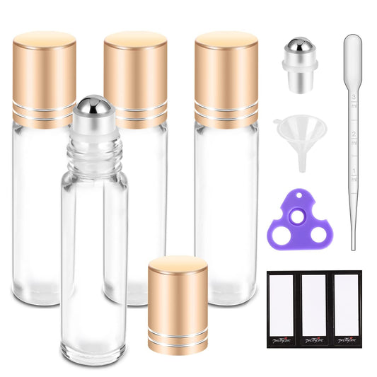 PrettyCare 4 Pack, 10 ml Essential Oil Roller Bottles with Stainless Steel Roller Ball - Refillable Leak-proof Empty Thick Clear Glass Roll on Bottles with Metal Caps for Travel, Perfume