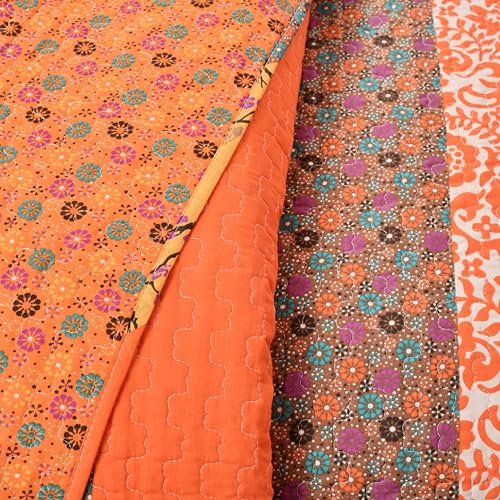 King Reversible Cotton Quilt Set - Tangerine Striped & Floral Bedding - Boho Decor