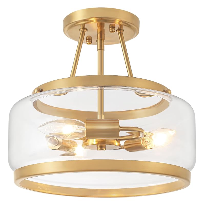 Brushed Gold 11.81in Semi-Flush Mount Ceiling Light - 3-Light Hallway Fixture (Brushed Gold)