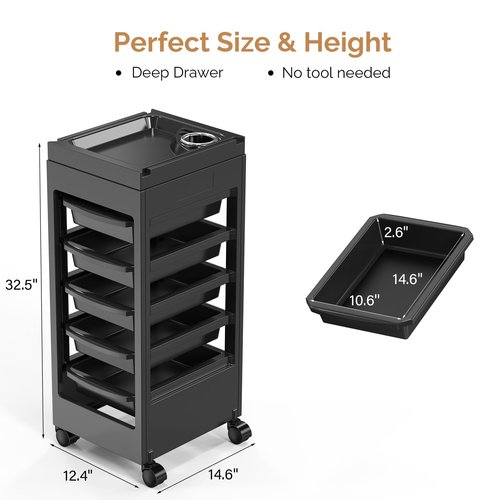 Salon Cart for Hair Stylist Black with 5 Drawers & Hair Dryer Holder, Hair Cart Organizer Storage Cabinet for Hairdressing Beauty Spa Tools, Rolling Barber Cart