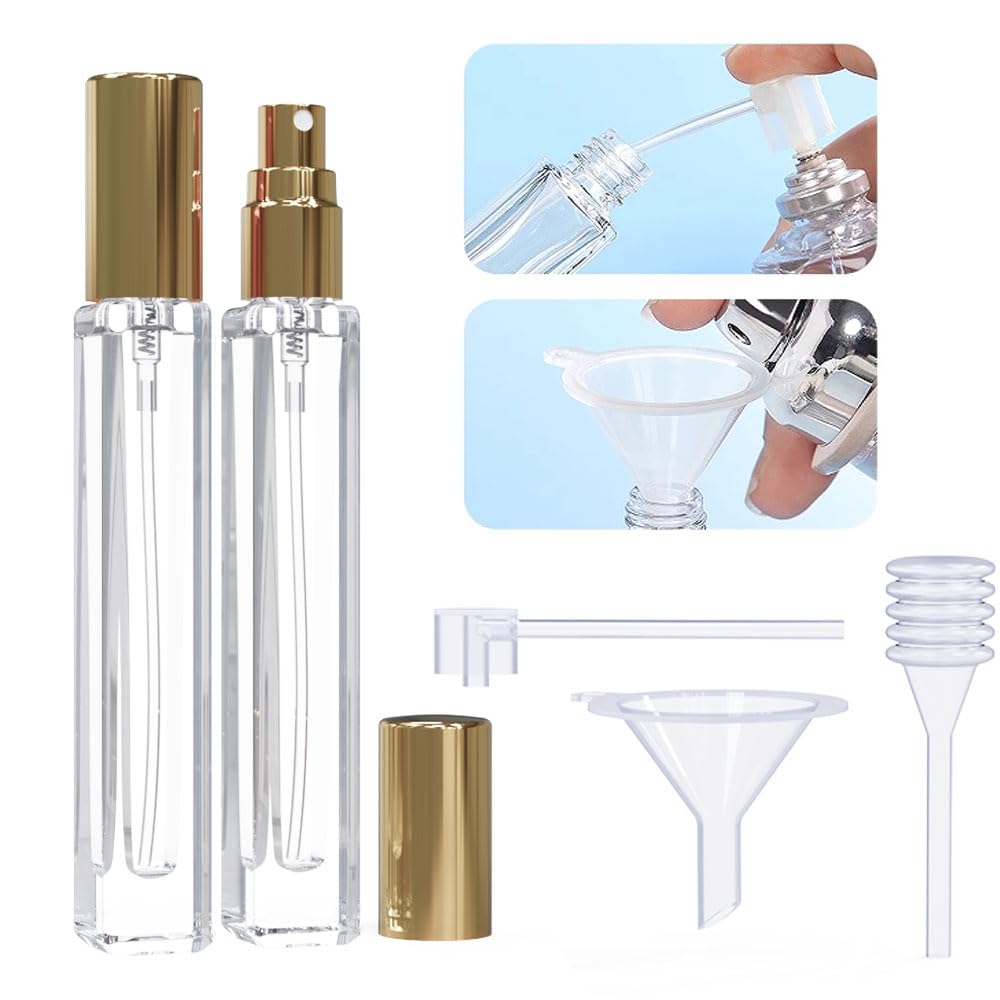Seafulee 5PCS Cologne Atomizer Empty, 10ML Mini Perfume Bottles Refillable With Dispenser Tools, Pocket Spray Bottle for Travel and Sample Container (Transparent+Golden Cap)