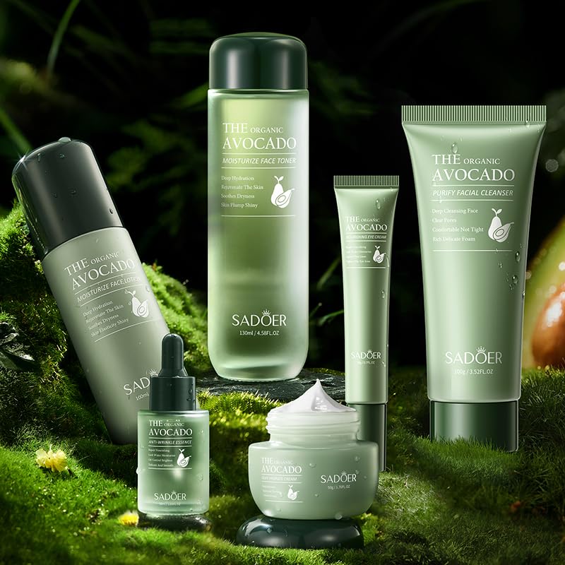Avocado Skin Care Set - 12 Pieces Facial Cleanser, Serum, Mask & More for Women Men - Gift Ready