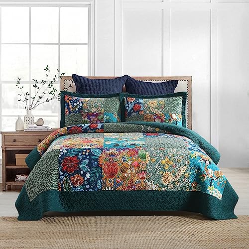 Autumn Dream Reversible Cotton Bedspread Quilt Set King Turquoise Floral Patchwork