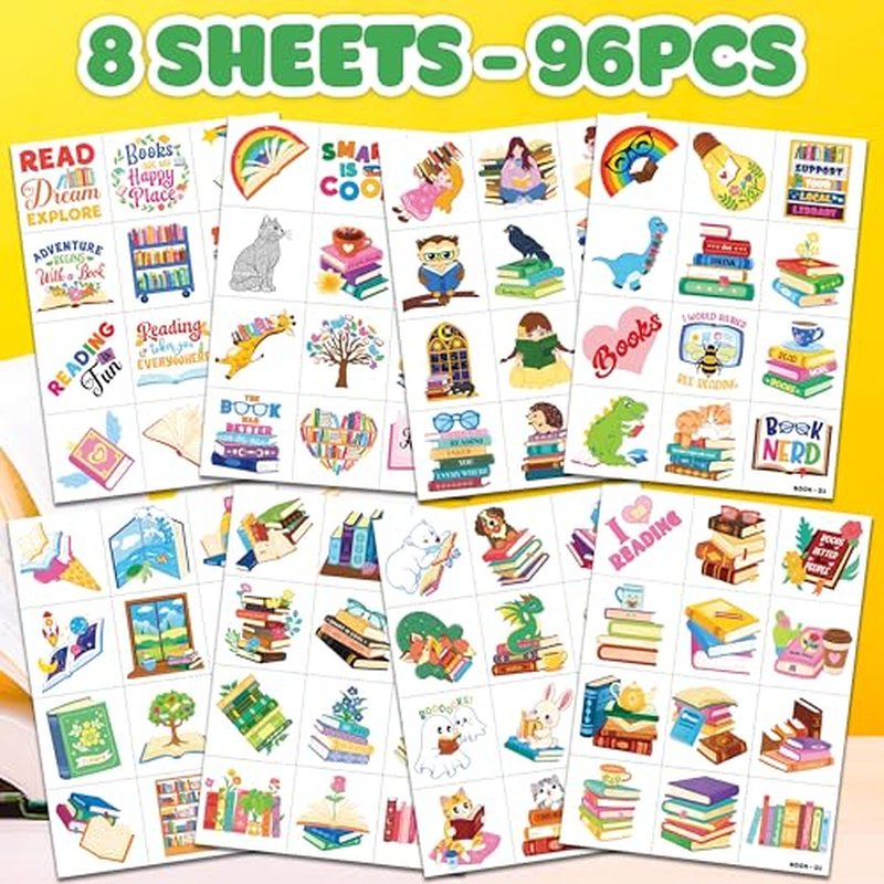 96 PCS Reading Book Pre-Cut Temporary Tattoos for Kids | Super Cute Library Booklist Nerd Themed Birthday Party Favors, Supplies, Decorations, Fake Tattoo Stickers, School Rewards & Gifts Boys & Girls