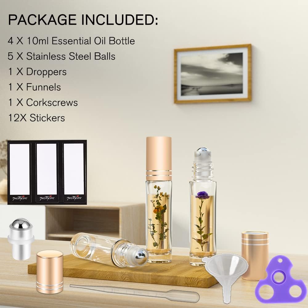 PrettyCare 4 Pack, 10 ml Essential Oil Roller Bottles with Stainless Steel Roller Ball - Refillable Leak-proof Empty Thick Clear Glass Roll on Bottles with Metal Caps for Travel, Perfume