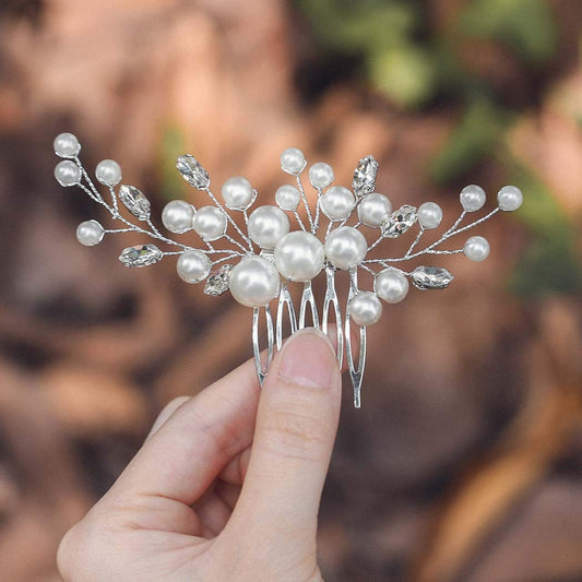 Evild Pearl Hair Accessories Wedding Hair Comb Silver Rhinestone Hair Piece for Women(Silver)
