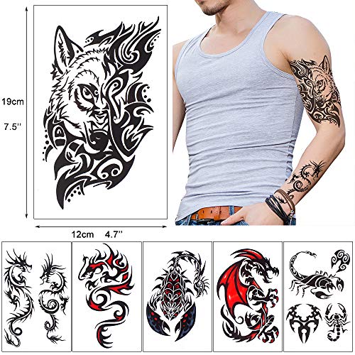 glaryyears 18 Sheets Dragon Black Temporary Tattoos for Men Teens, Animal Scorpions Wolf Owl Dark Tribal Tiger Cross, on Arm Shoulder Hand Leg Back Body Art 4.7''x7.5''