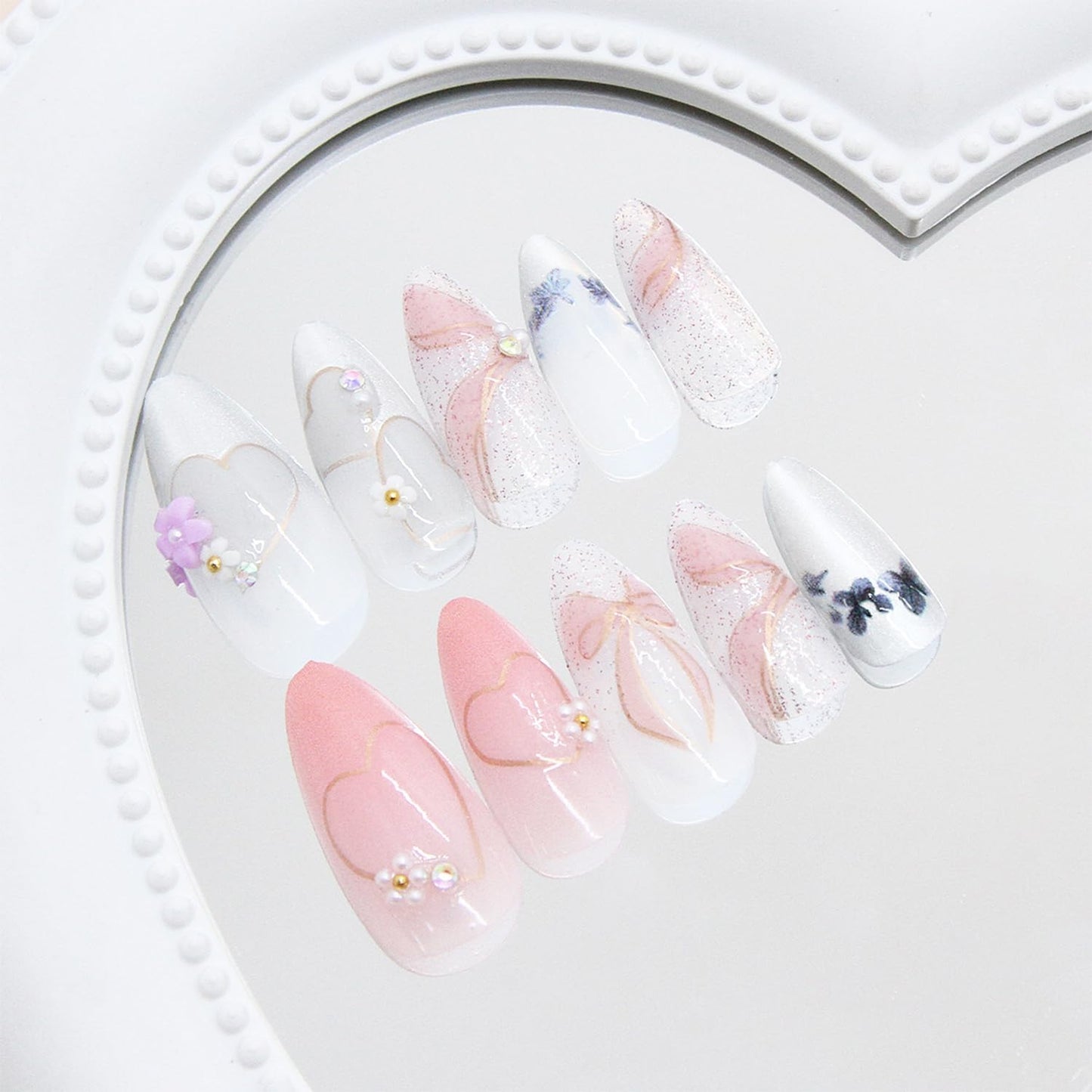 24pcs Pink Press on Nails Medium Almond Fake Nails with Small Flower Rhinestones Pearl Designs French False Nails Bow Stick on Nails Summer Floral Acrylic Nail Tips Full Cover Glue on Nails for Women