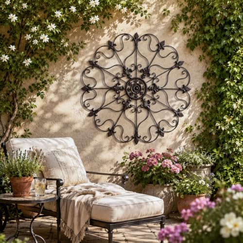 30-Inch Wrought Iron Wall Art with Vintage Fleur-de-Lis Scroll Design