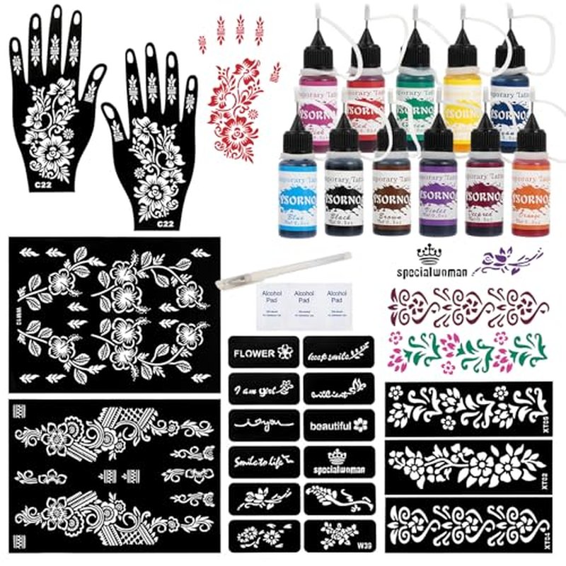 11 Colors Temporary Tattoo Ink Kit, 11 Bottles Tattoo Ink with 1Pcs Outline Pen for DIY Body Paint, Safe & Easy tattoos(Black,Red,Green,Purple,Orange,Navy, Blue,Brown,Pink,Grey,Yellow)