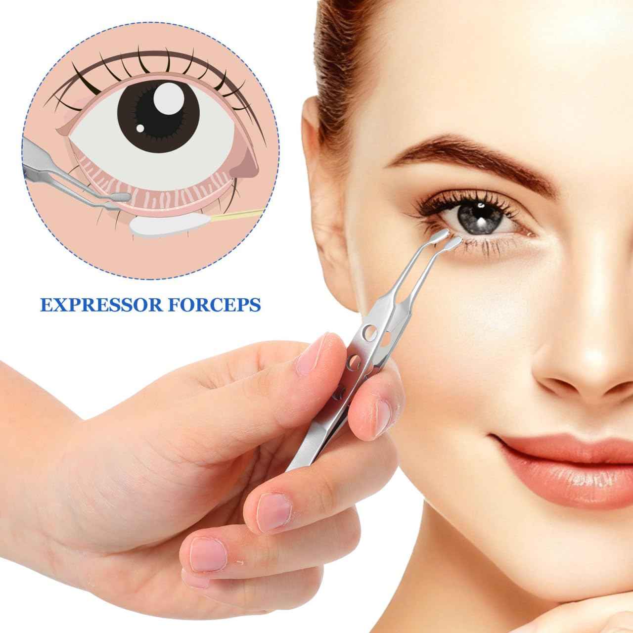 TEHAUX Meibomian Gland Expressor, Stainless Steel Eyelid Massage Tweezer with Positioning Pin, Prevent Excessive Force, Rectangle Tip Eyelid Expressor for Dry Eyes (Silver)