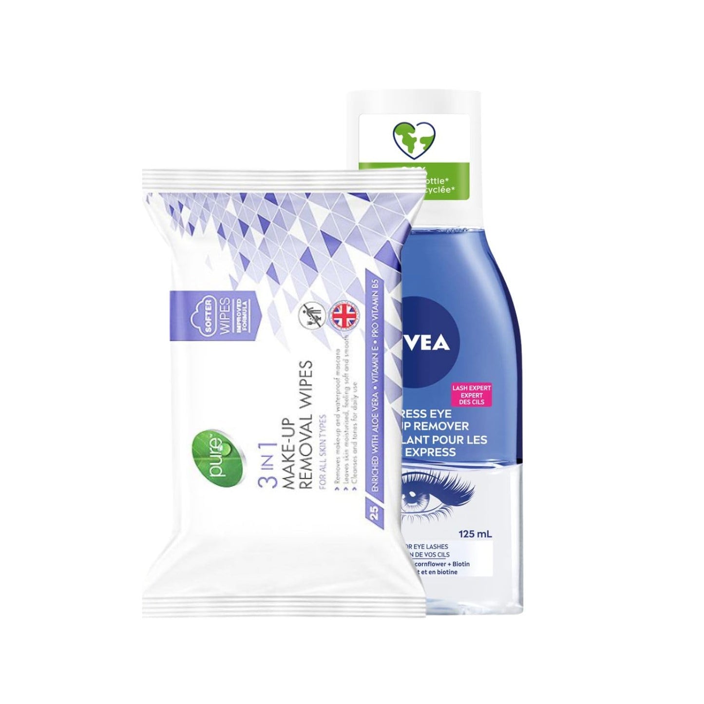 Double Effect Eye Make-Up Remover & 3-in-1 Make-Up Removal Wipes Bundle (25 Wipes)