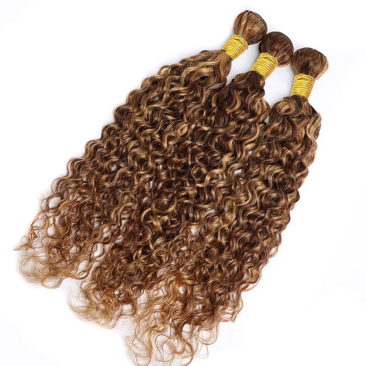 Aonbamds P4/27 Highlight Brown Water Wave Human Hair Extensions 14-18 Inch 3 Bundles