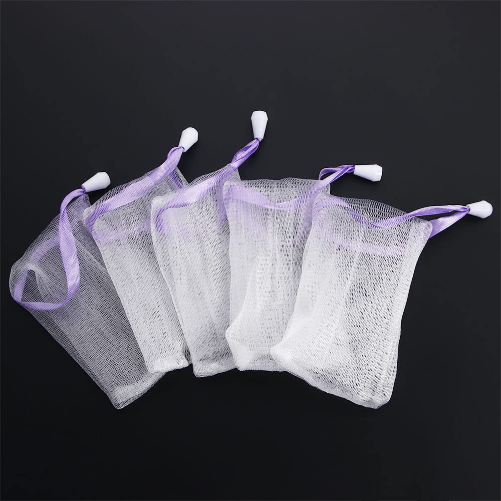 Leadigol 10PCS Face Cleansing Foaming Nets, Mesh Soap Pouch, Bubble Foam Double Layer Net Soap Sack Saver Pouch, White Pouch with Drawstring, Drawstring Holder Bags