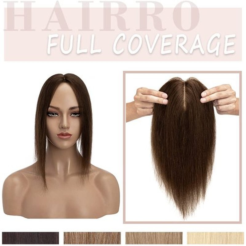 Hairro Hair Topper Human Hair, Clips in 100% Real Hairpieces with 4"x 4.7" Silk Base for Women, for Thin Hair/High Hairline/Covering Greyish Hair on Top, 6 Inch Medium Brown