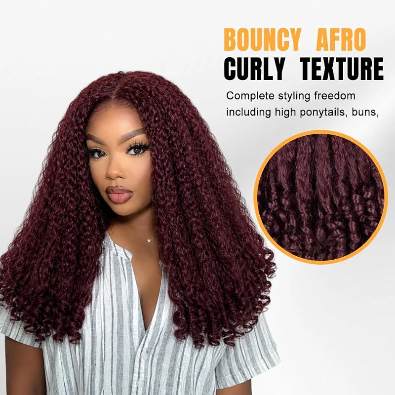 Burgundy Afro V Part Curly Wig 20 Inch - Kinky Textured Synthetic Hair for Women