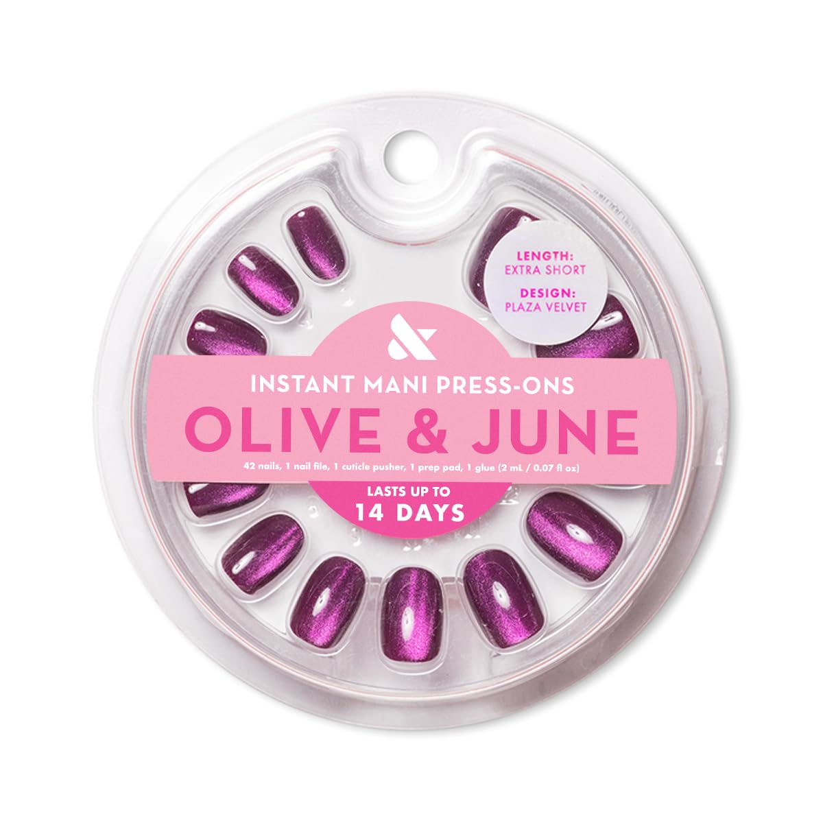 Olive & June Instant Mani Press On Nails (Glue) | Mulberry | XS, Round 42 Fake Nails, 21 Sizes Non-Toxic, Long-Lasting Recycled Materials Realistic Look | Plaza Velvet