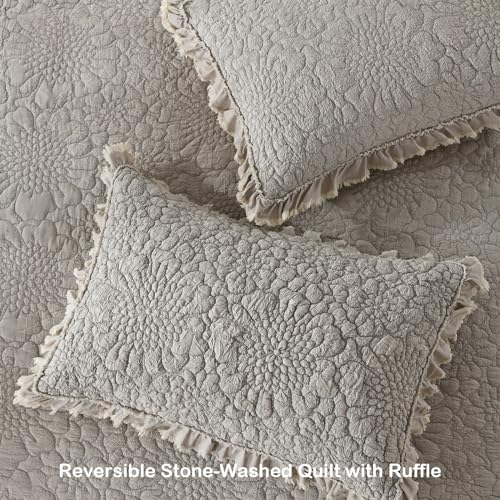 Beige Ruffled Quilt King Size Bedding Set - Rustic Farmhouse Microfiber, Reversible 3 Pieces