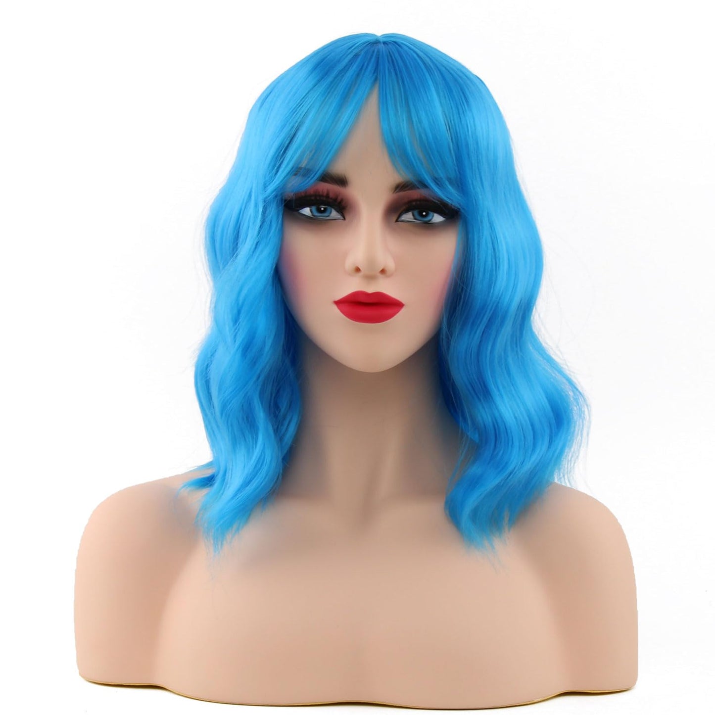HWHRGL Light Blue Wigs with Bangs for Women 14 Inch Short Wavy Bob Wigs With Bangs Synthetic Bob Wig Curly Wig Heat Resistant Colorful Wavy Wig for Cosplay Daily Party Use Halloween Wigs