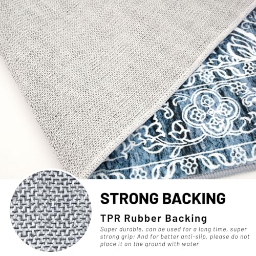 Blue Floral Washable Runner Rug 2.6x16 Feet Non-Slip Hallway Carpet