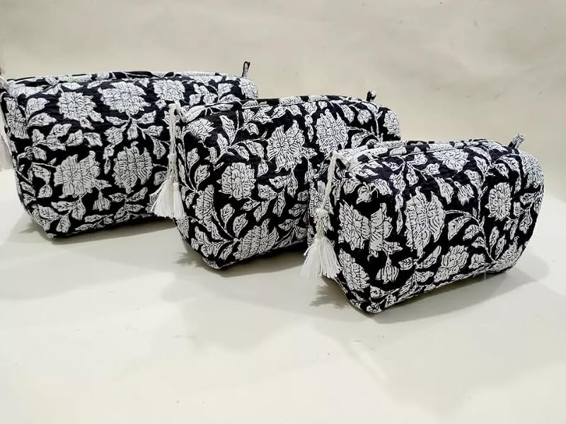Boho Floral Quilted Toiletry & Makeup Bag Set - Model 09 - Waterproof Organizer