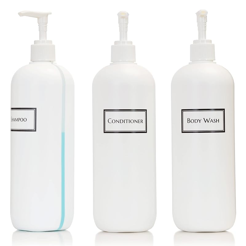 Refillable 19 oz Body Wash, Shampoo & Conditioner Pump Dispenser Set — White View Stripe 3-Pack (Variation: White Plastic Pumps)